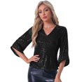 thumbnail image 1 of DARING DIVA Women's 3/4 Sleeve V Neck Sparkly Blouses XS Black, 1 of 6