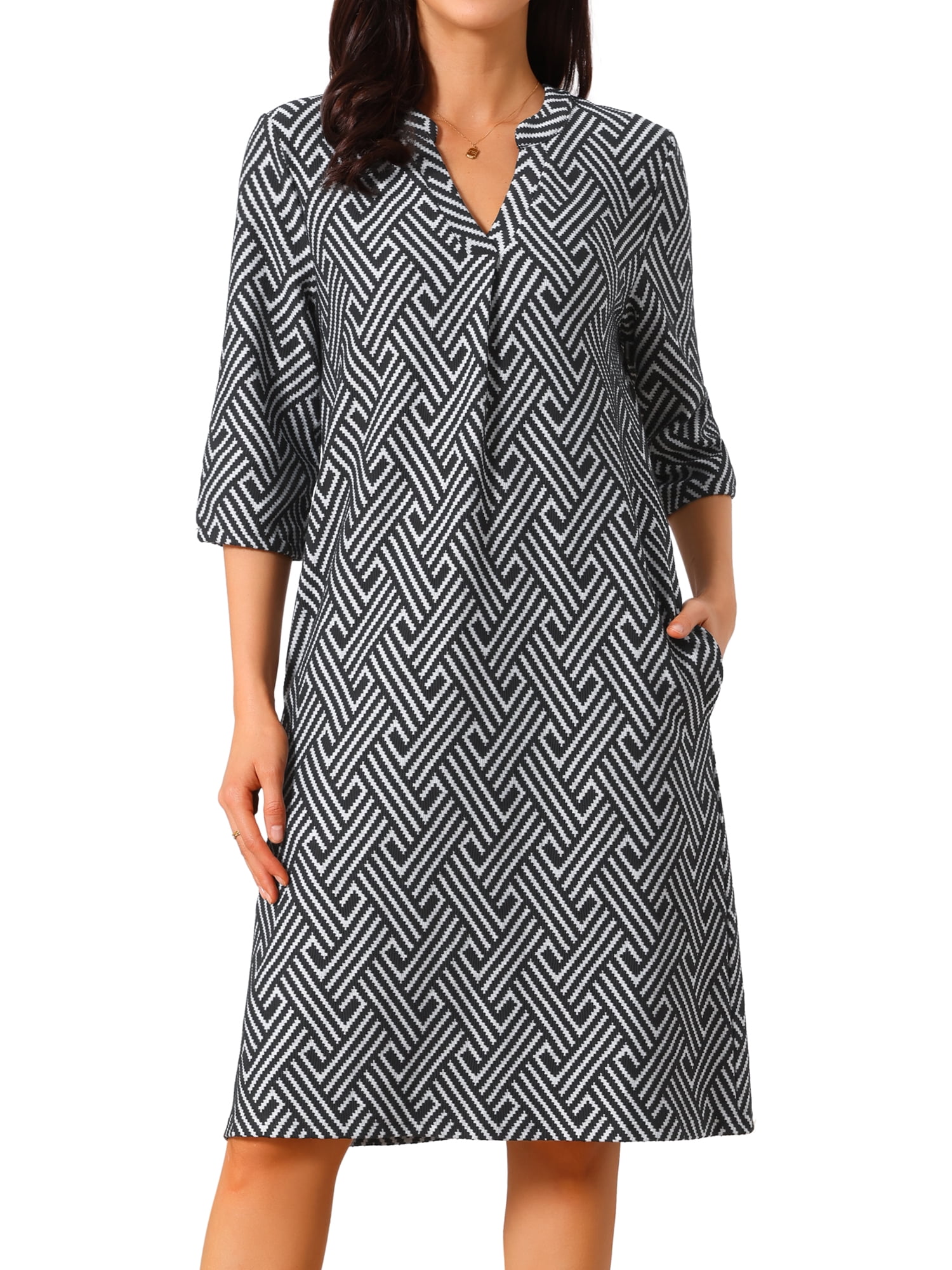 DARING DIVA Women's 3/4 Sleeve V Neck Zigzag Print Dress L Black