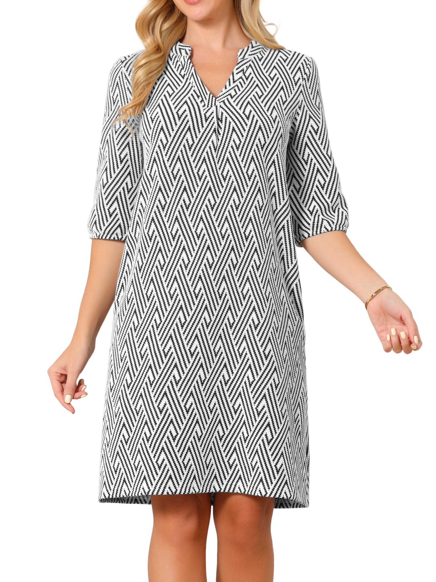 DARING DIVA Women's 3/4 Sleeve V Neck Zigzag Print Dress M White