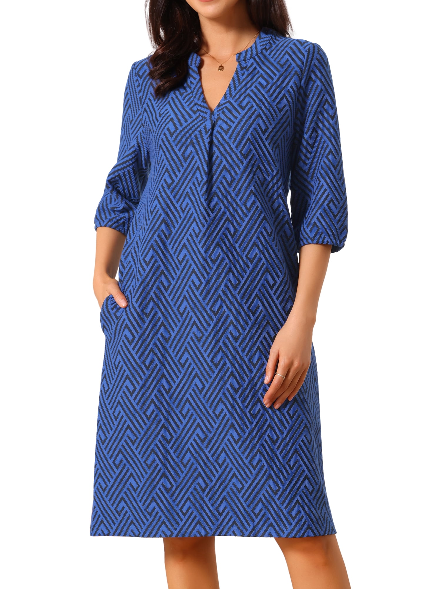 DARING DIVA Women's 3/4 Sleeve V Neck Zigzag Print Dress XL Royal Blue