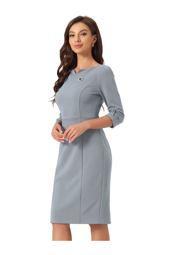 Women's 3/4 Sleeve Work Pencil Midi Dresses S Grey