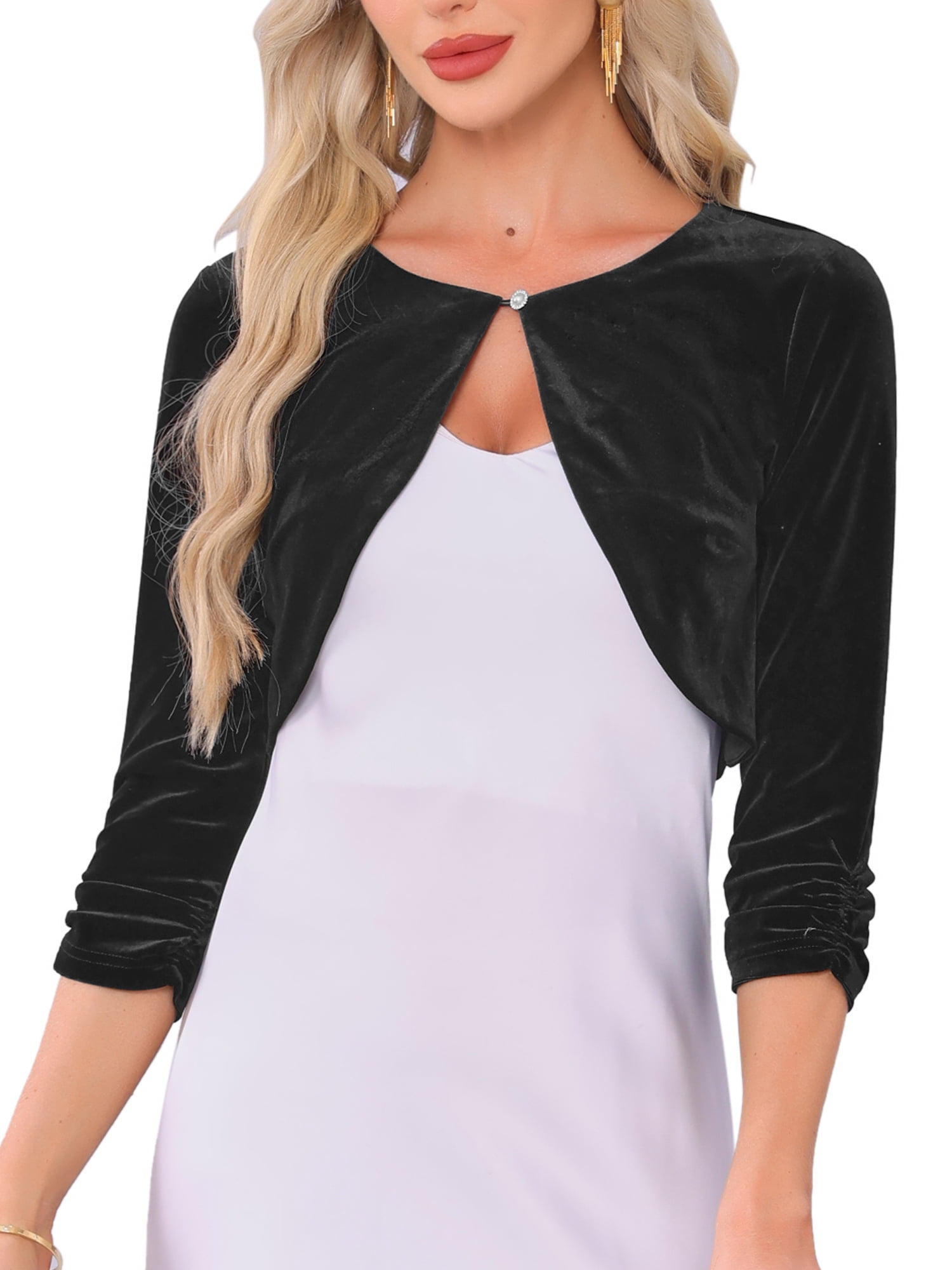 DARING DIVA Women's 3/4 Sleeves Velvet Cropped Cardigan S Black