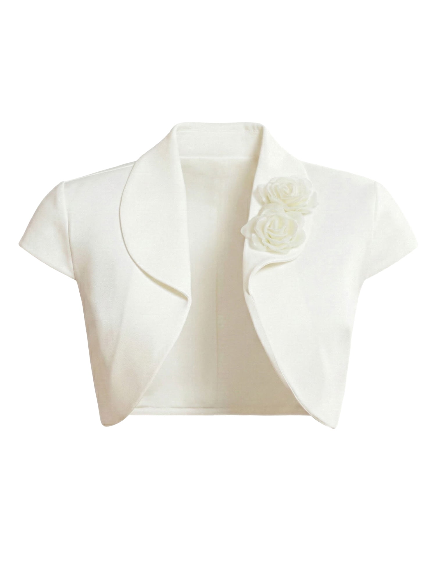 DARING DIVA Women's 3D Flower Collared Short Sleeve Jacket Bolero XL White