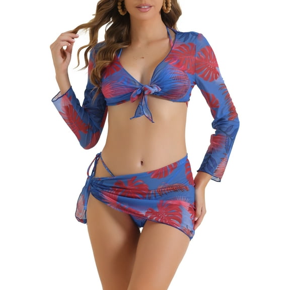 DARING DIVA Women's 4 Piece Halter Bikini Set with Tie Back Small Blue Red