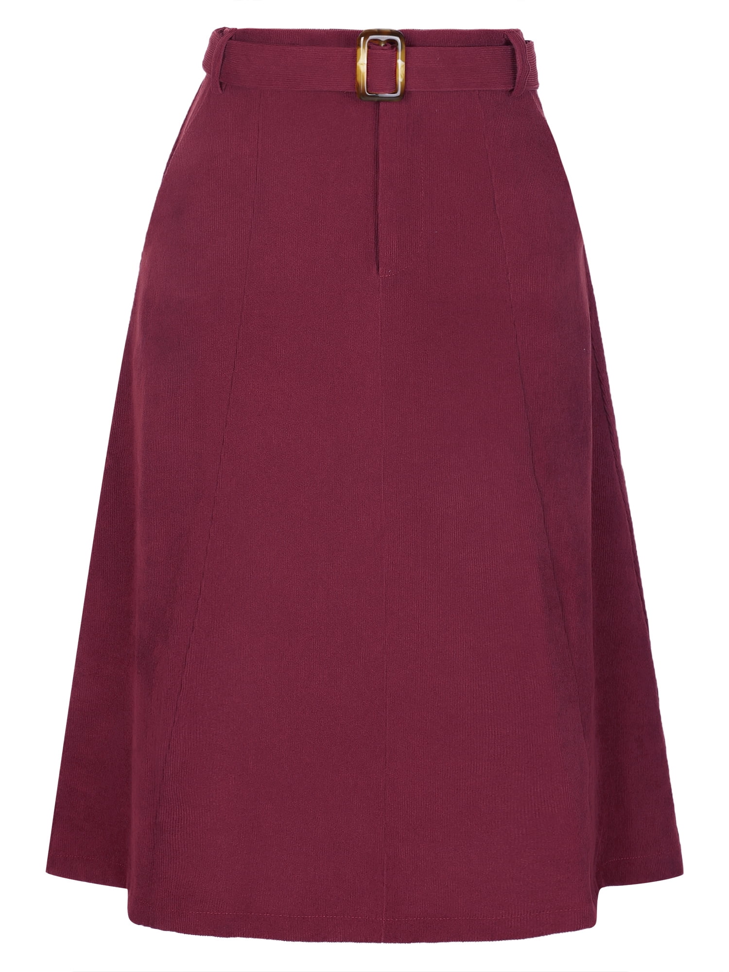 DARING DIVA Women's A-Line Belted Fall Midi Corduroy Skirt L Burgundy