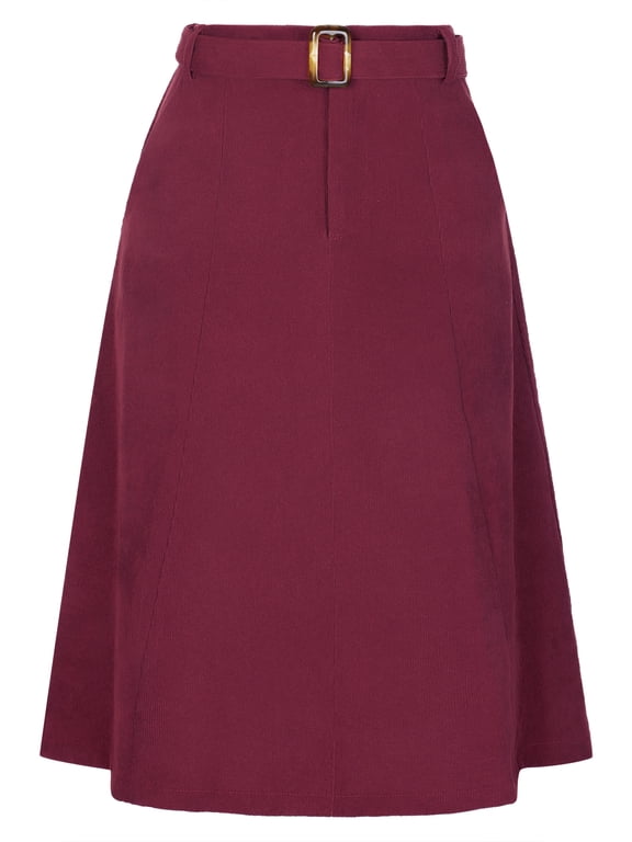 Women's A-Line Belted Fall Midi Corduroy Skirt M Burgundy