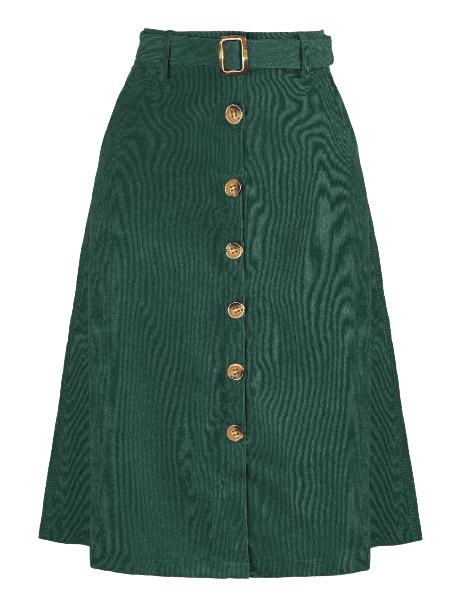 DARING DIVA Women's A-Line Button Front Belted Midi Skirts L Dark Green