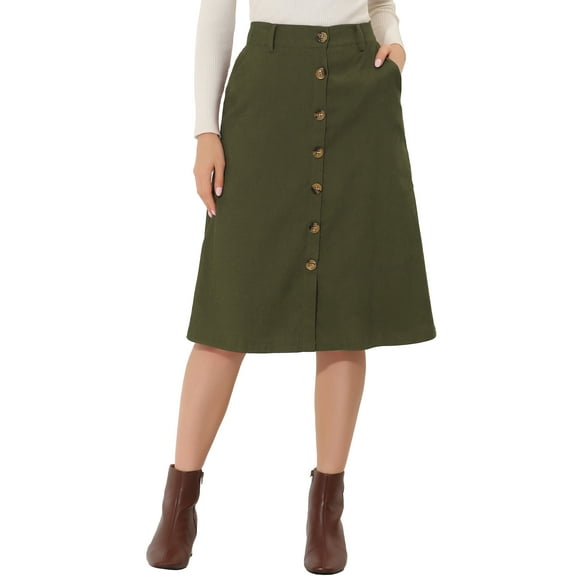 DARING DIVA Women's A-Line Button Front Belted Midi Skirts L Green