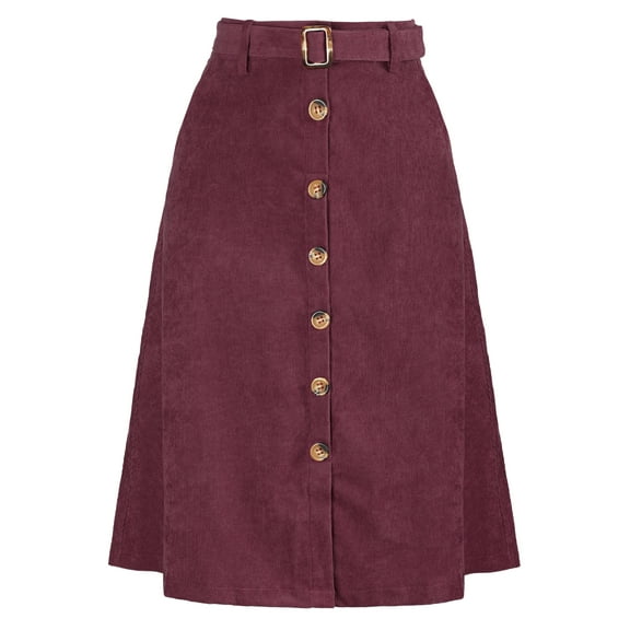DARING DIVA Women's A-Line Button Front Belted Midi Skirts M Burgundy