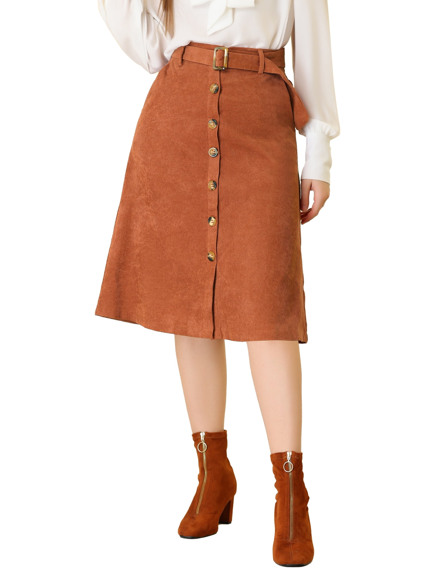 DARING DIVA Women's A-Line Button Front Belted Midi Skirts S Caramel