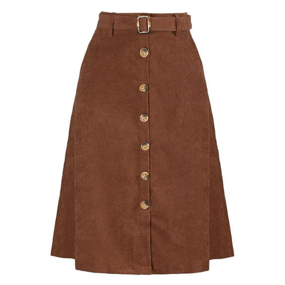 DARING DIVA Women's A-Line Button Front Belted Midi Skirts S Dark Brown
