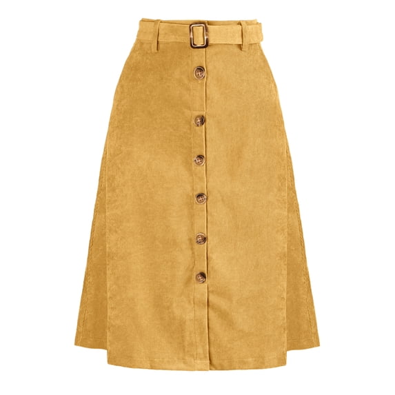 DARING DIVA Women's A-Line Button Front Belted Midi Skirts S Yellow