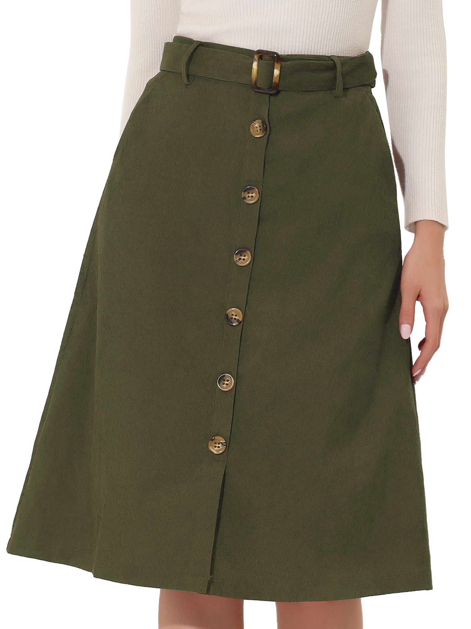 DARING DIVA Women's A-Line Button Front Belted Midi Skirts XL Green