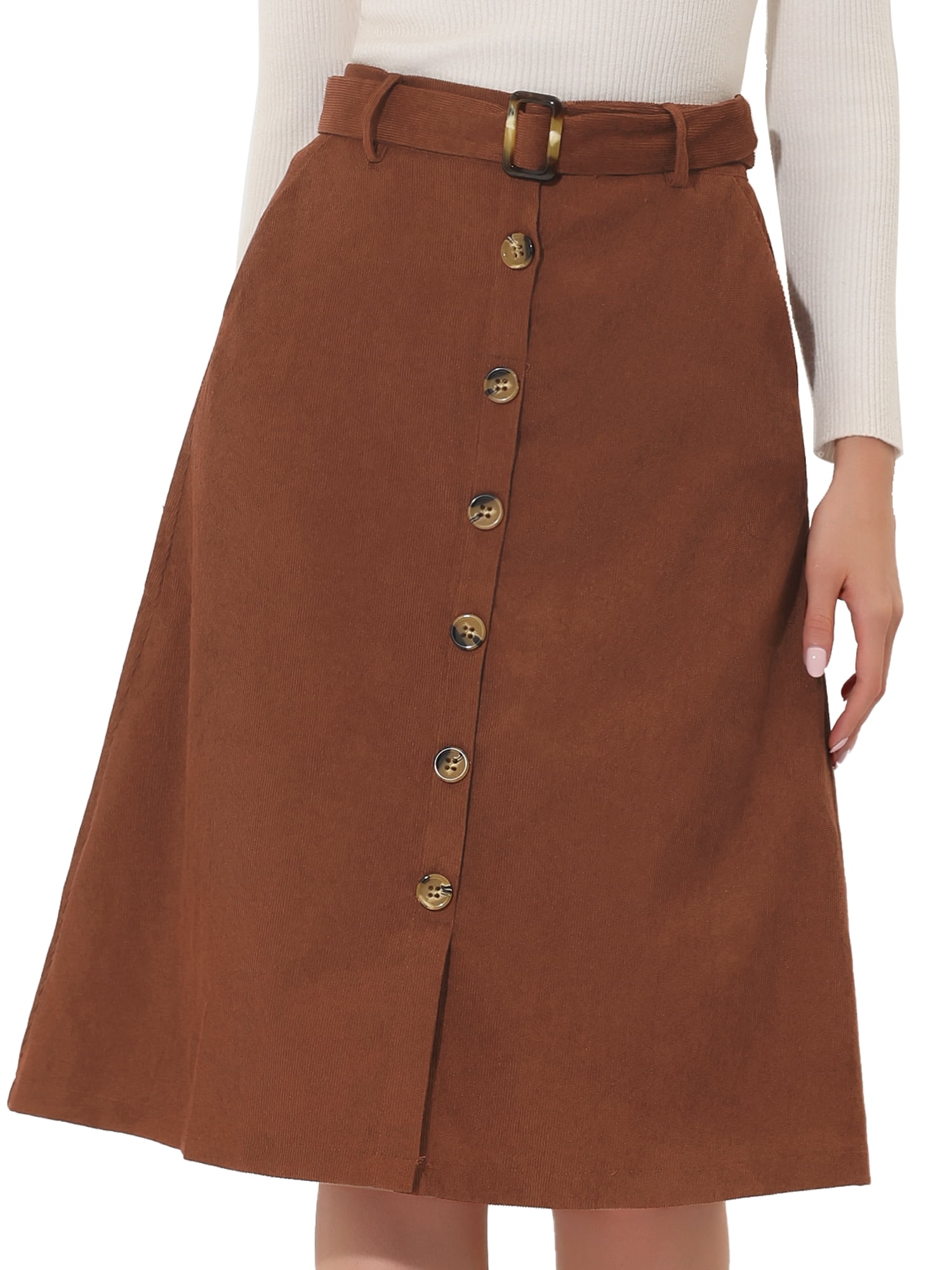 DARING DIVA Women's A-Line Button Front Belted Midi Skirts XS Brown