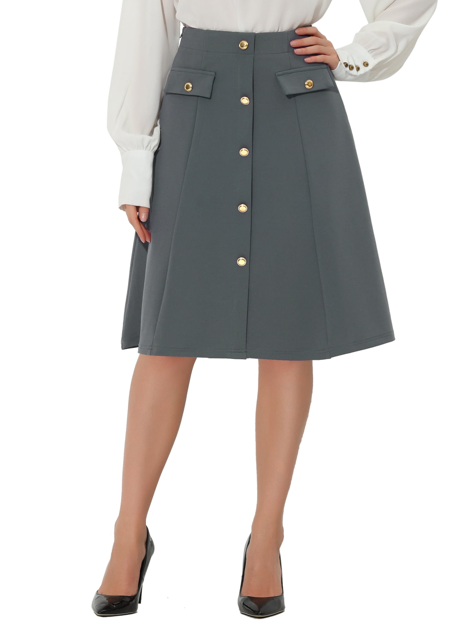 DARING DIVA Women's A-Line Button Front Formal Knee Length Skirt L Gray
