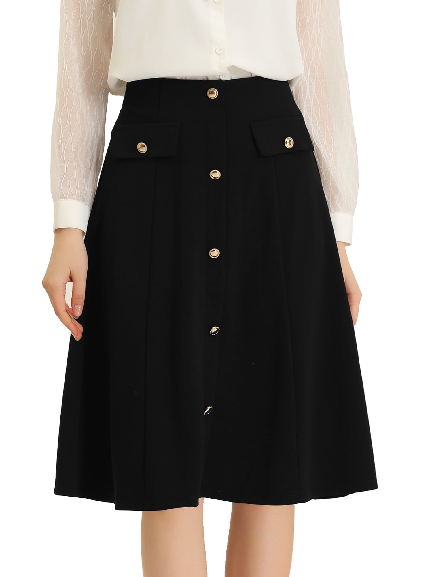DARING DIVA Women's A-Line Button Front Formal Knee Length Skirt M Black