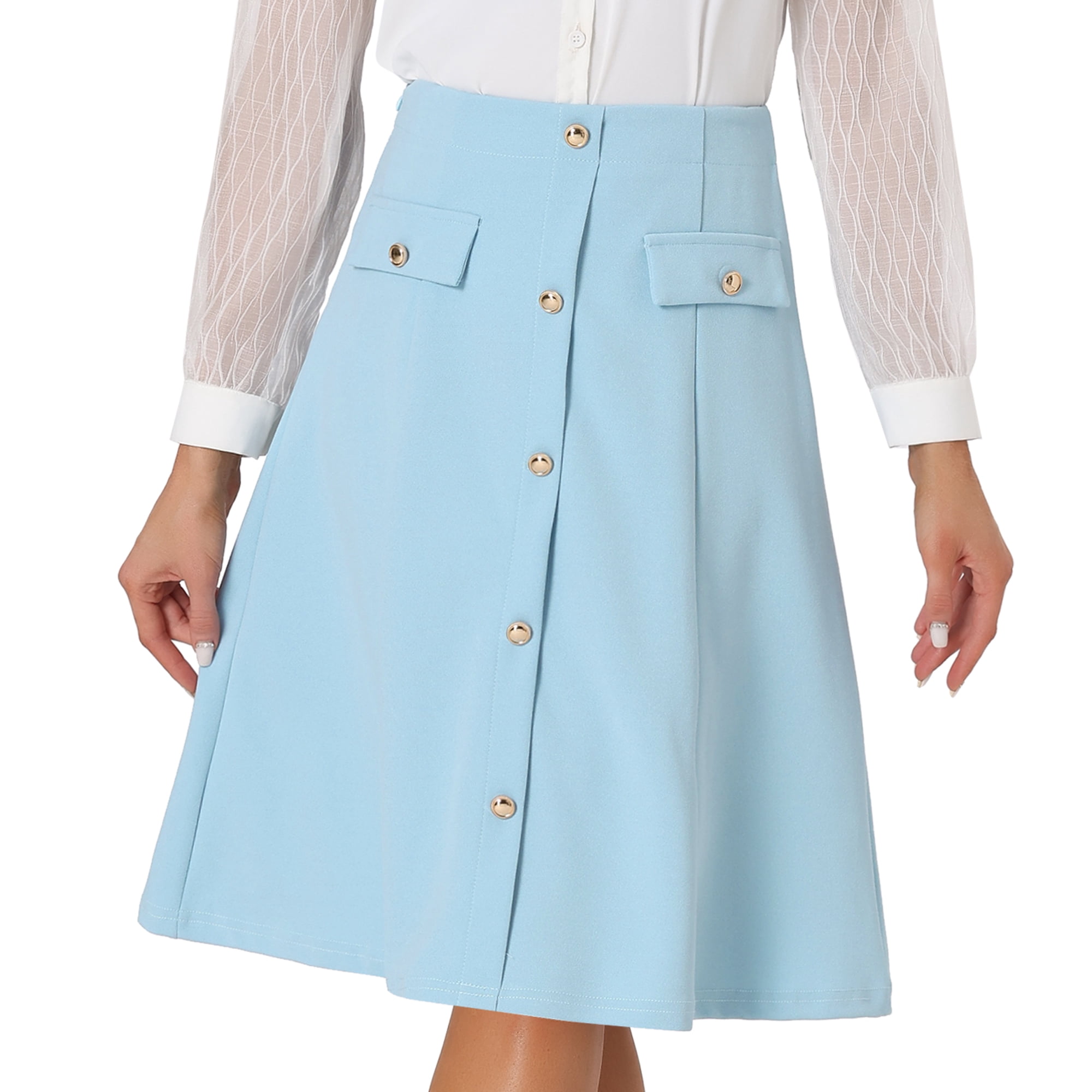 DARING DIVA Women's A-Line Button Front Formal Knee Length Skirt XS Blue