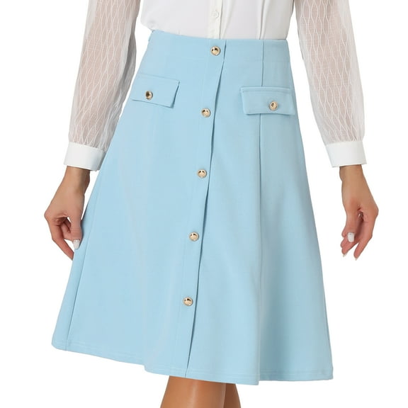 DARING DIVA Women's A-Line Button Front Formal Knee Length Skirt XS Blue