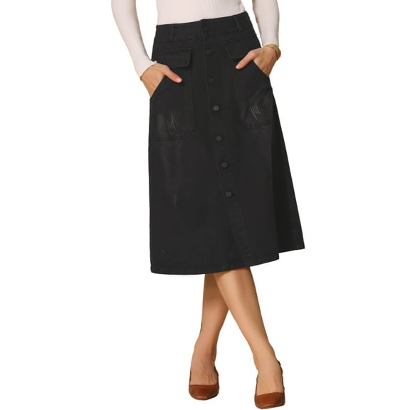 DARING DIVA Women's A-Line Button Front High Waist Midi Denim Skirts S Black
