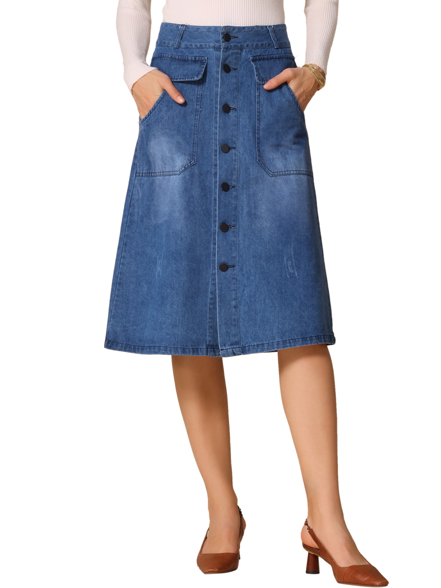 DARING DIVA Women's A-Line Button Front High Waist Midi Denim Skirts XS Blue