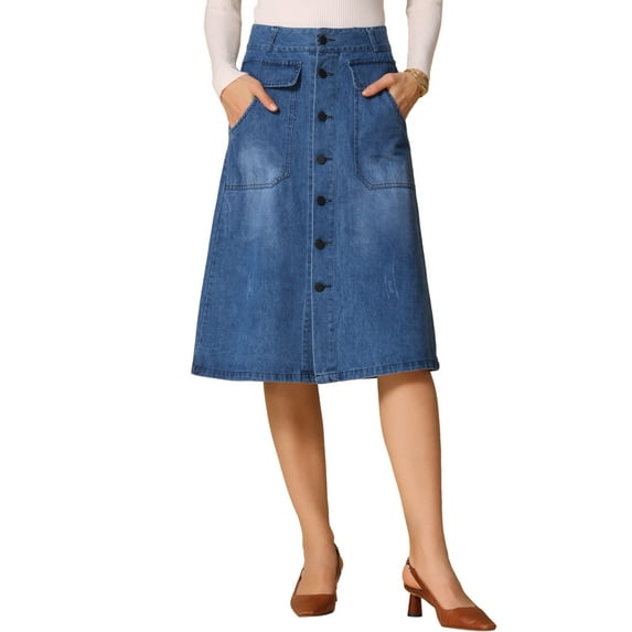 DARING DIVA Women's A-Line Button Front High Waist Midi Denim Skirts XS Blue
