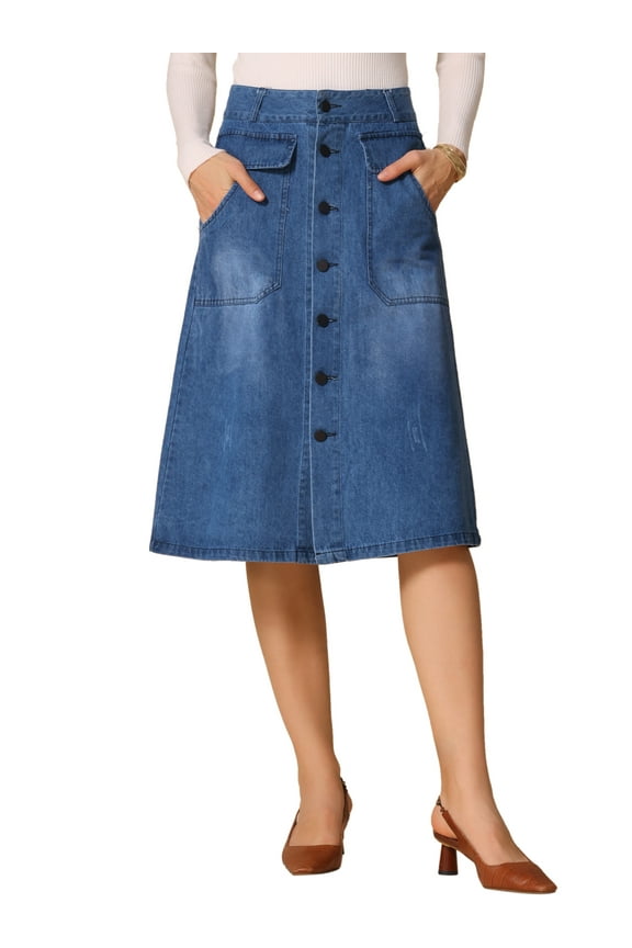 Women's A-Line Button Front High Waist Midi Denim Skirts XS Blue