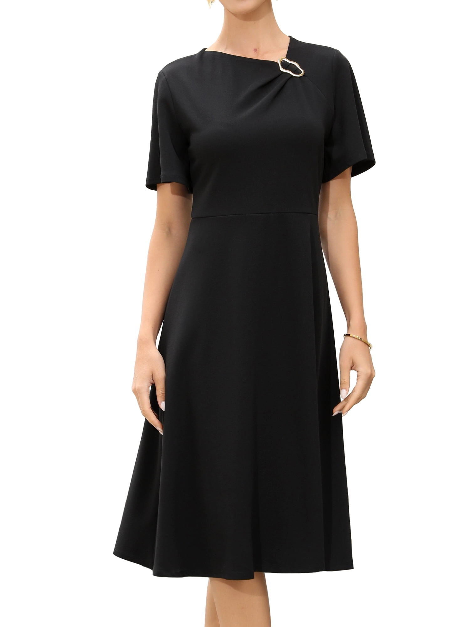 DARING DIVA Women's A-Line Casual Asymmetrical Neck Midi Dress with Short Sleeve L Black