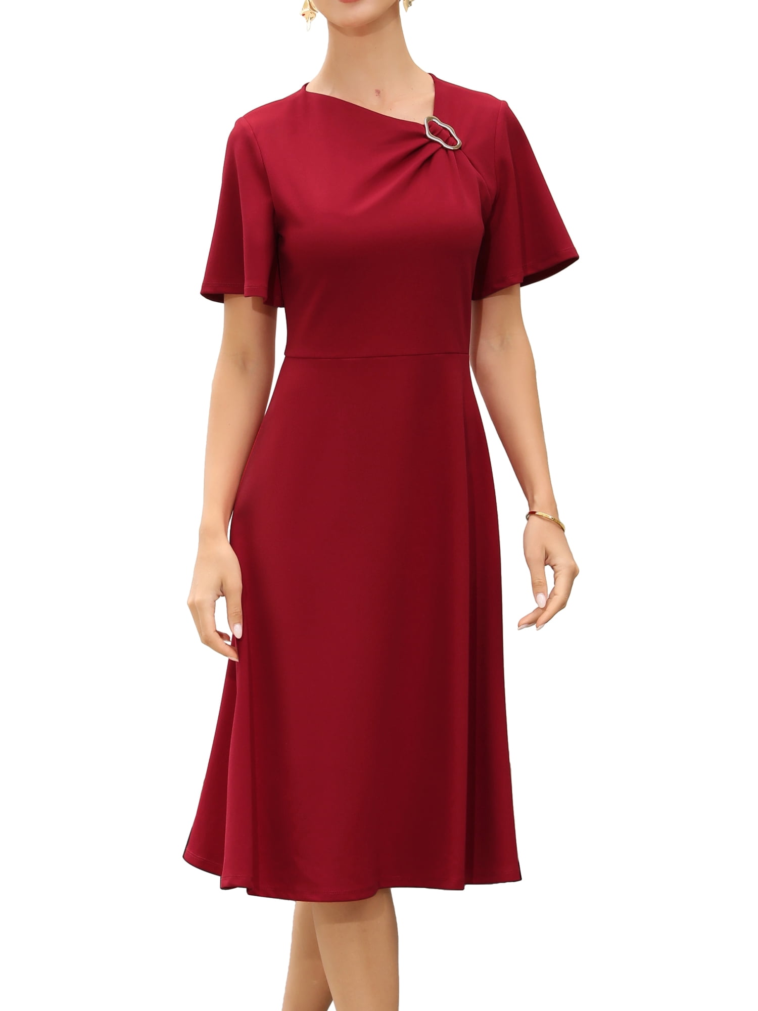 DARING DIVA Women's A-Line Casual Asymmetrical Neck Midi Dress with Short Sleeve S Red