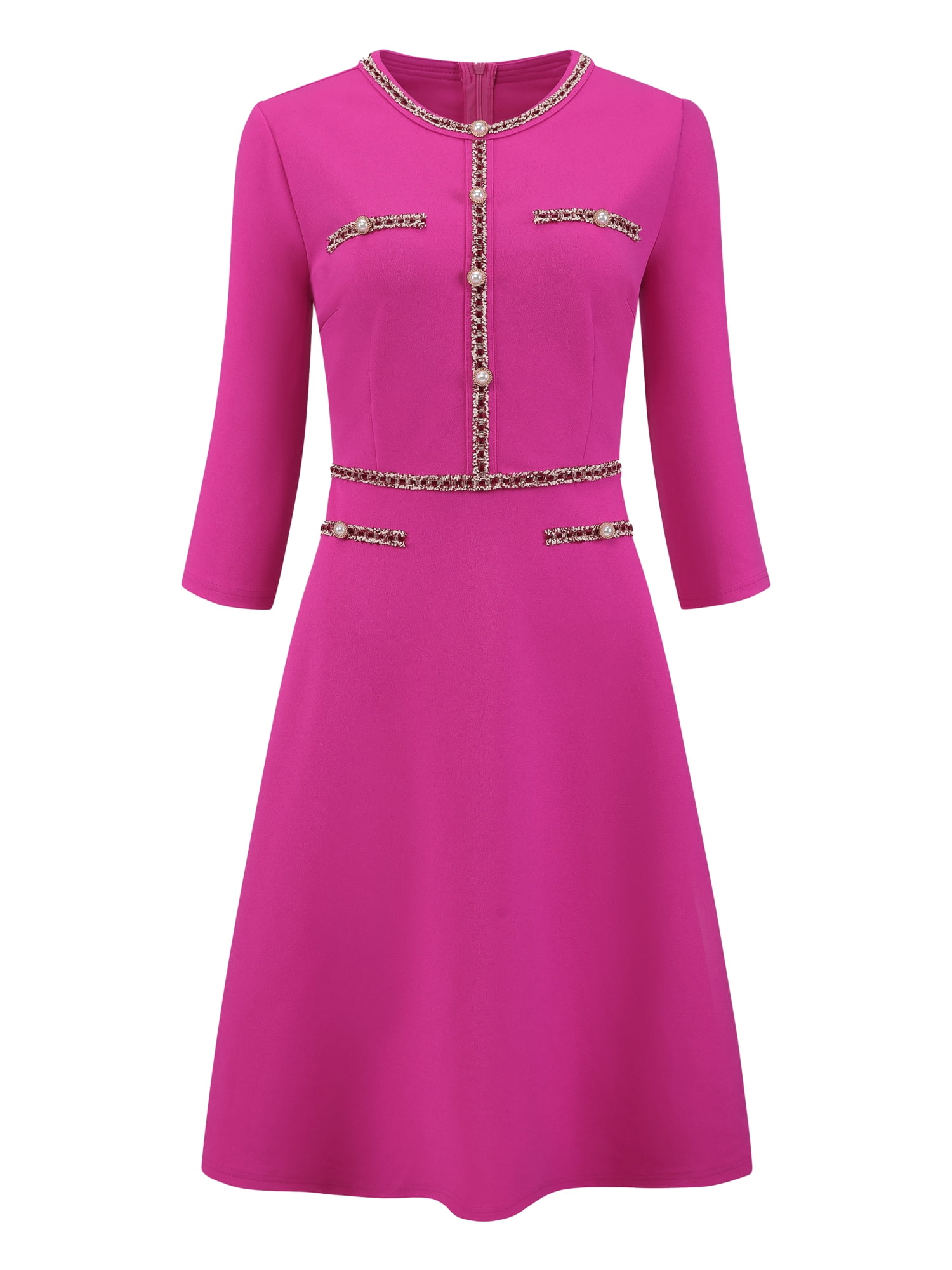 DARING DIVA Women's A-Line Contrast Color Elegant Tweed Trim Crew Neck Dress L Hot Pink