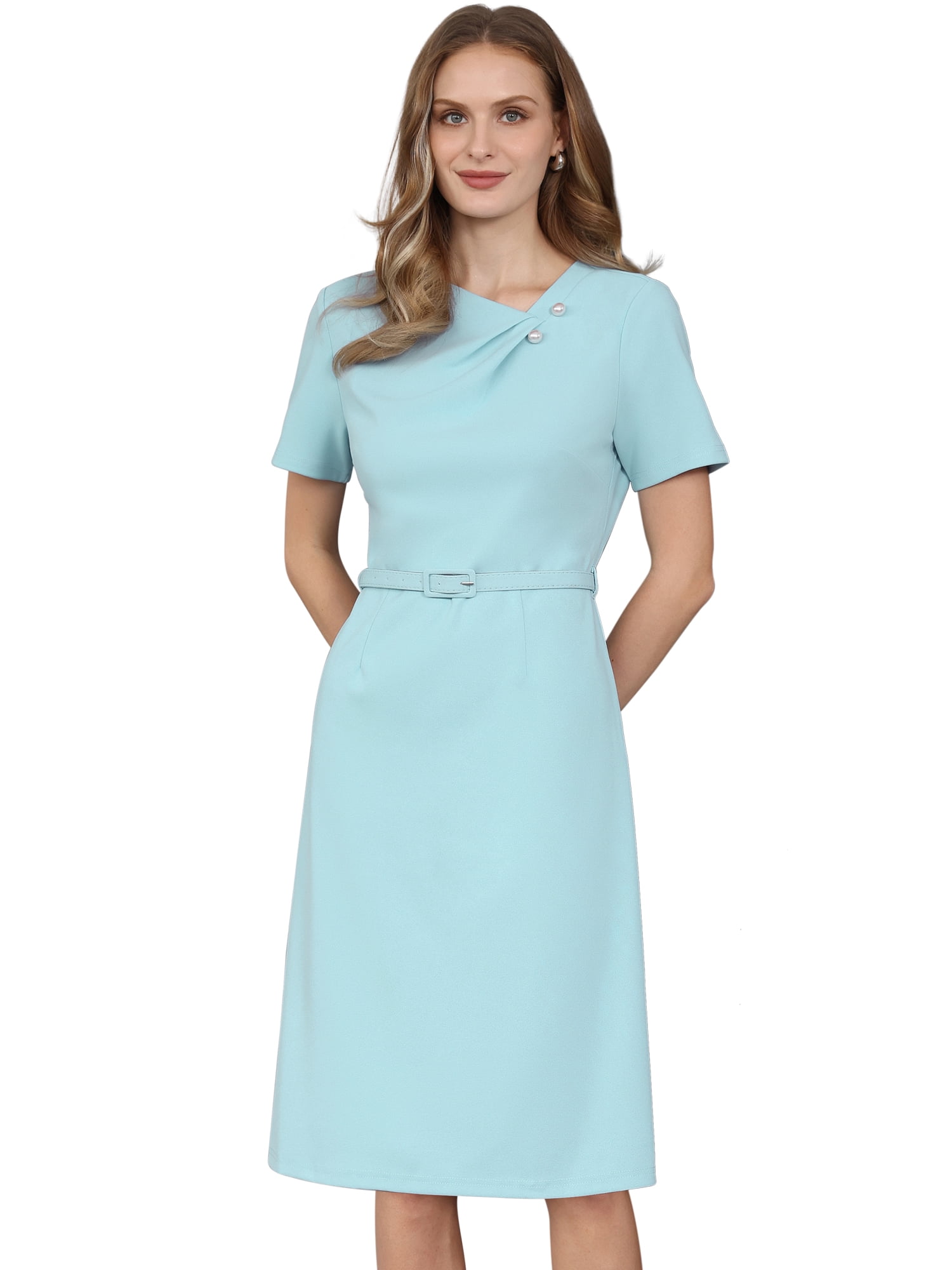 DARING DIVA Women's A Line Dress Short Sleeve Asymmetrical Neck Dresses XL Light Blue