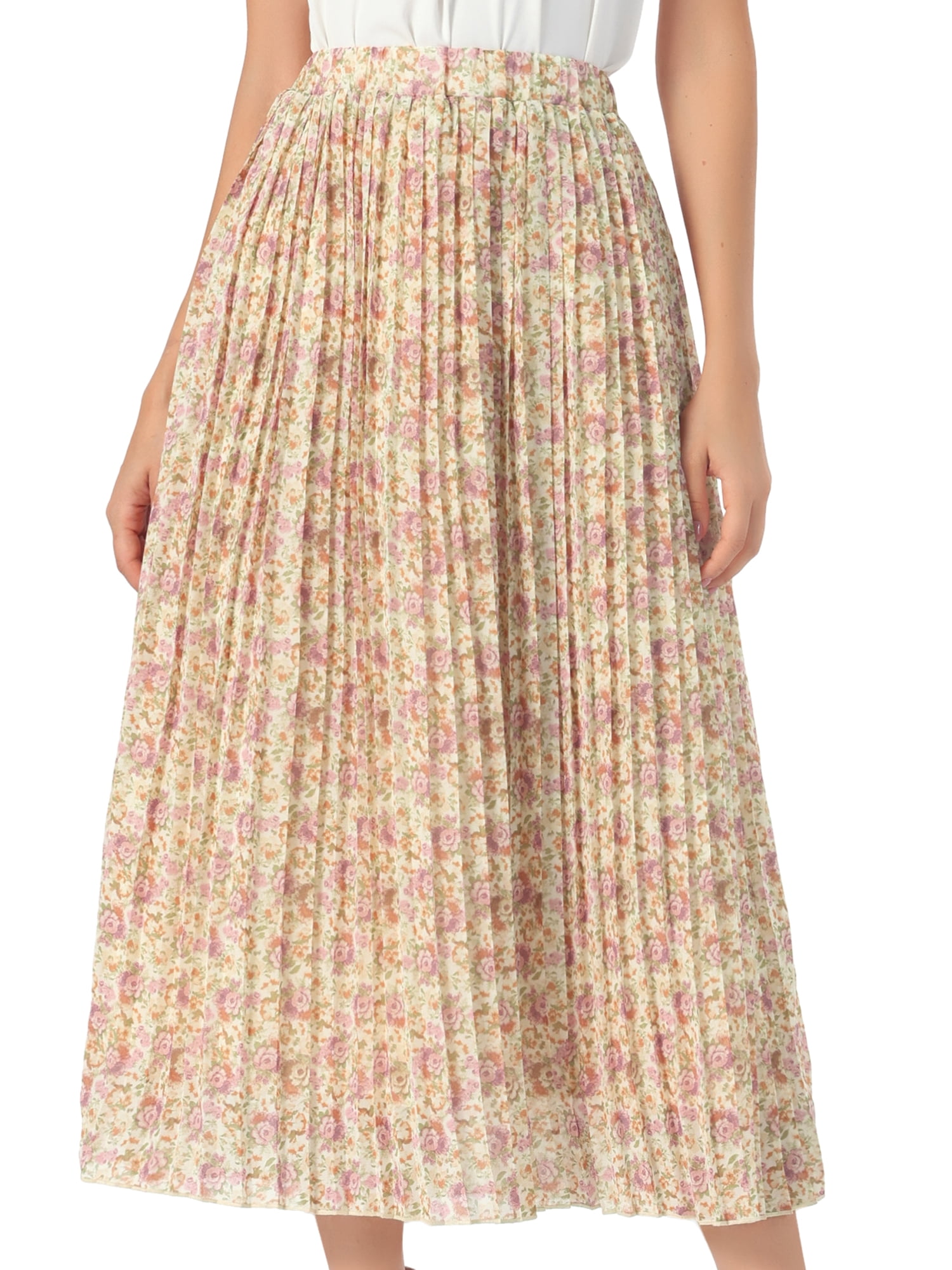 DARING DIVA Women's A-Line Elastic Boho Summer Floral Print Midi Skirts M Apricot