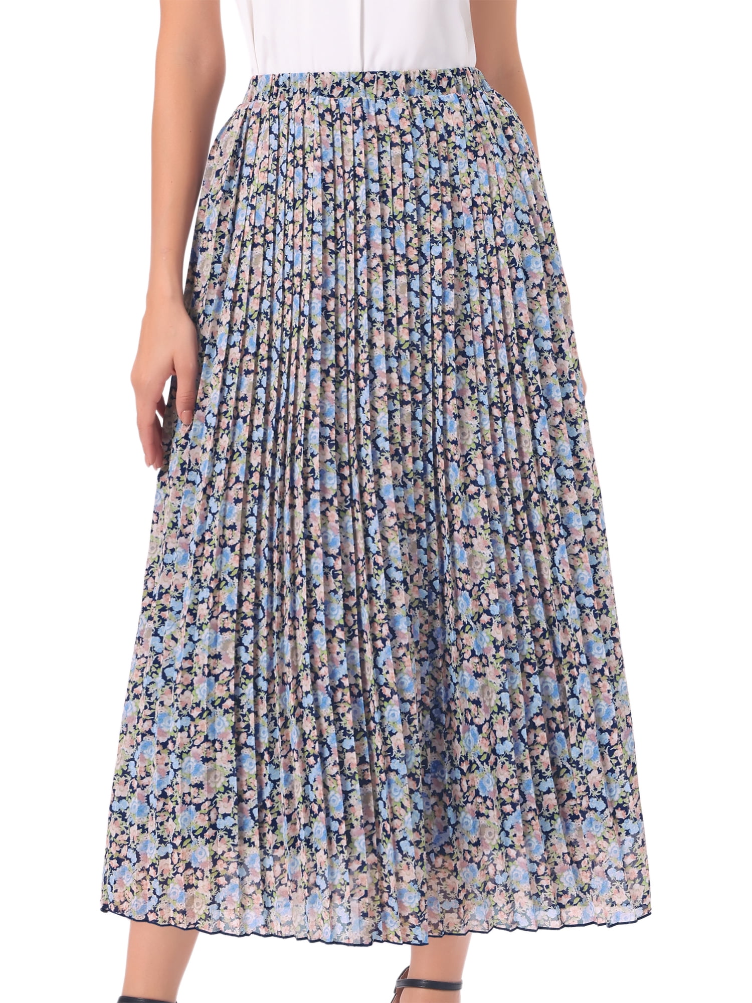 DARING DIVA Women's A-Line Elastic Boho Summer Floral Print Midi Skirts XS Dark Blue