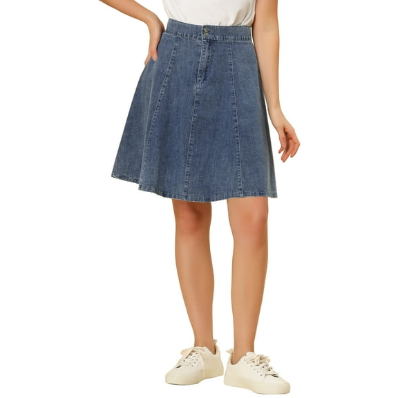 DARING DIVA Women's A-Line Flared Pleated Midi Denim Skirt L Light Blue