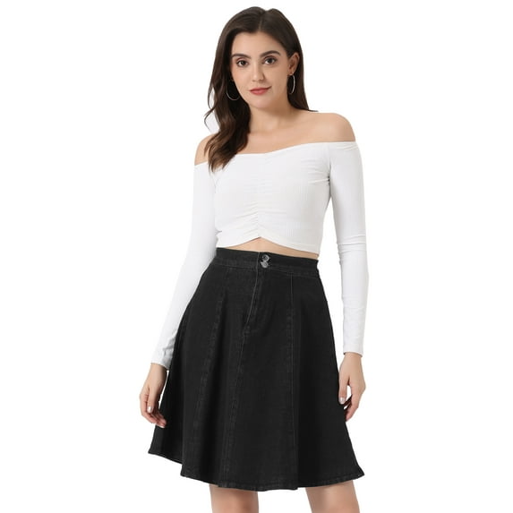 DARING DIVA Women's A-Line Flared Pleated Midi Denim Skirt M Black