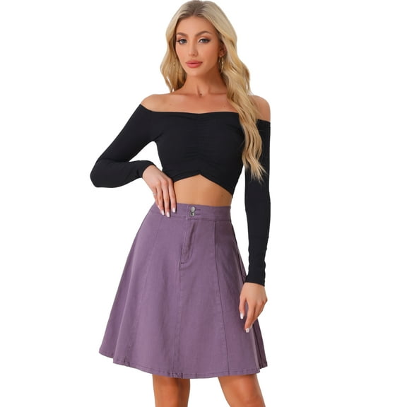 DARING DIVA Women's A-Line Flared Pleated Midi Denim Skirt M Grey Purple