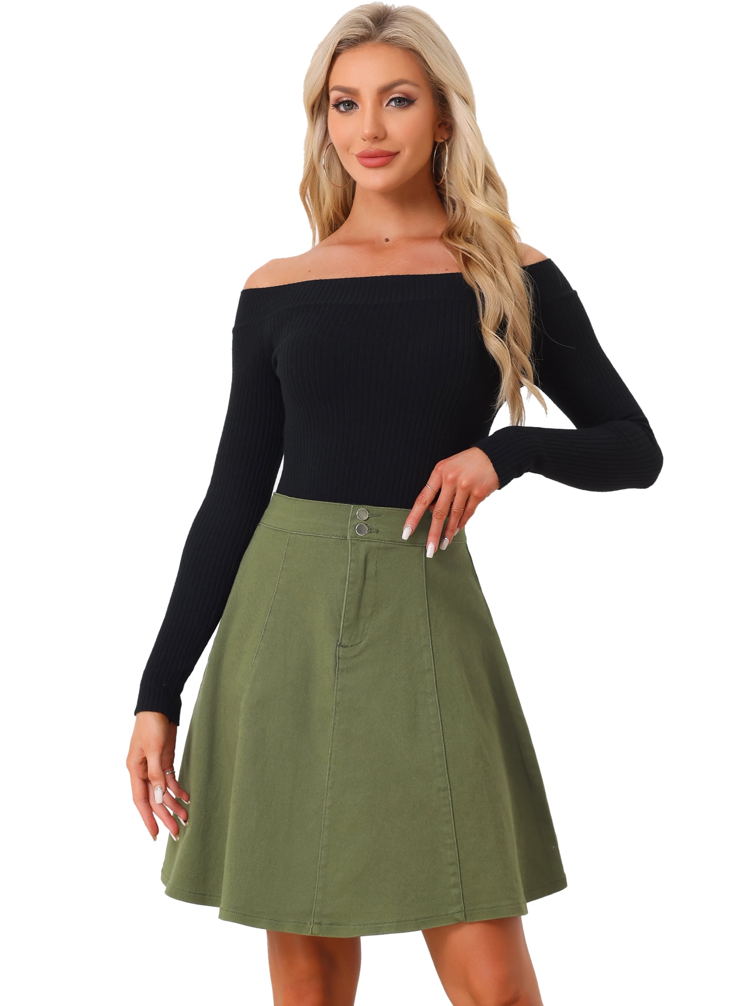 DARING DIVA Women's A-Line Flared Pleated Midi Denim Skirt S Army Green