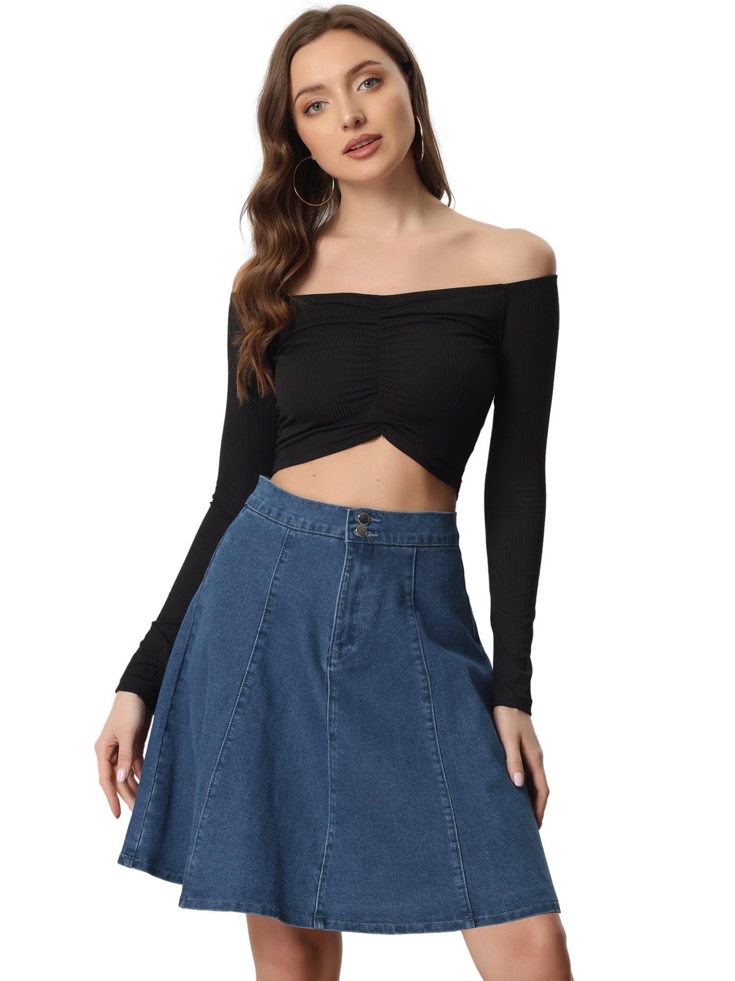 DARING DIVA Women's A-Line Flared Pleated Midi Denim Skirt S Dark Blue