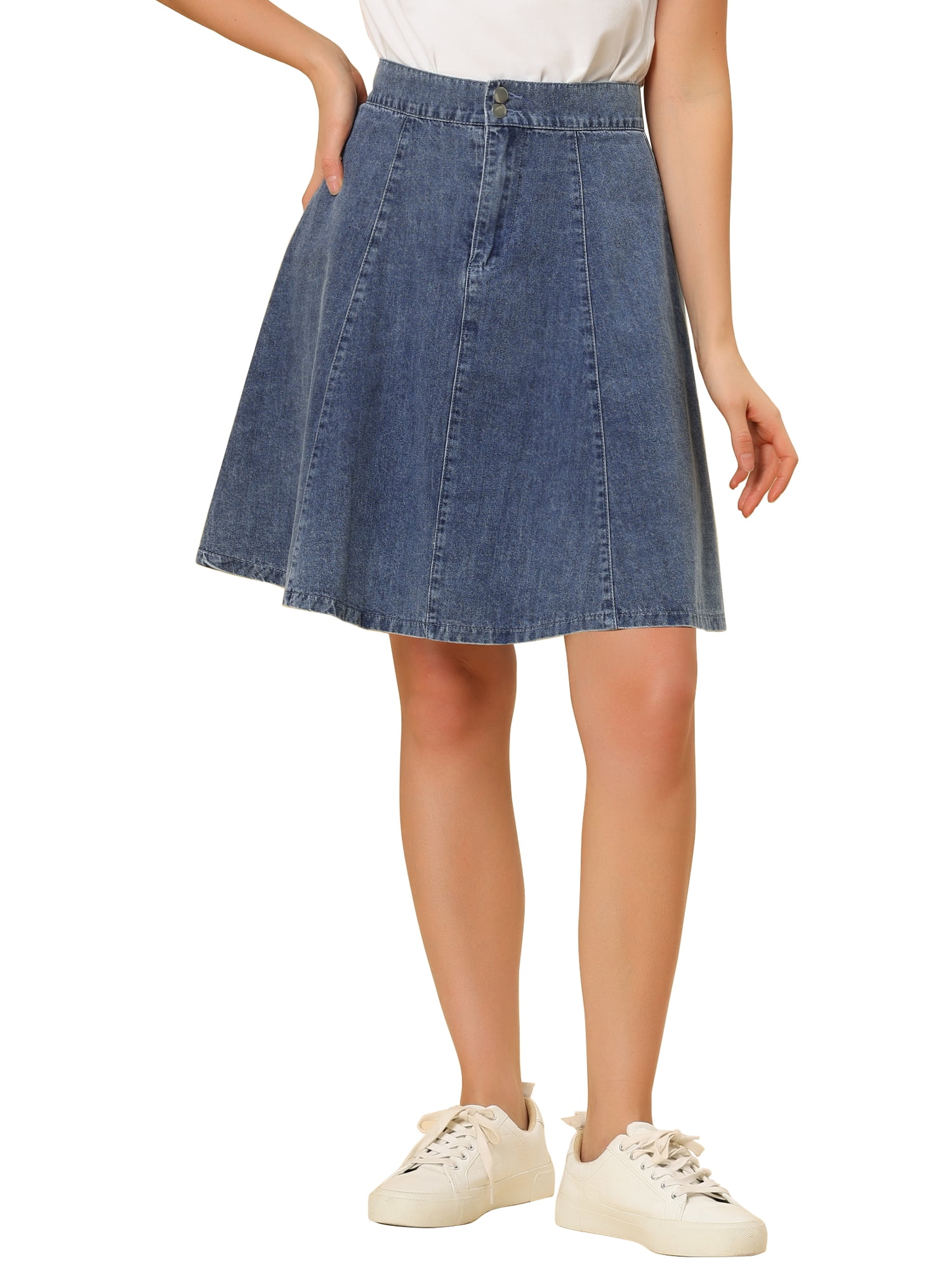 DARING DIVA Women's A-Line Flared Pleated Midi Denim Skirt S Light Blue