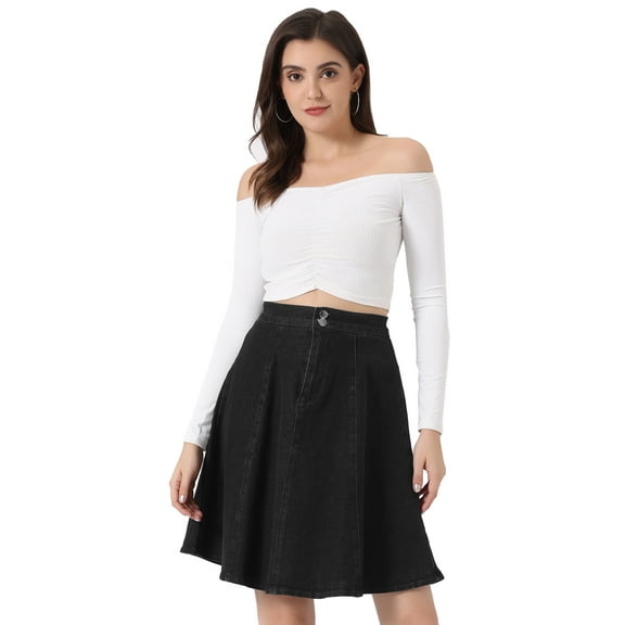 DARING DIVA Women's A-Line Flared Pleated Midi Denim Skirt XS Black