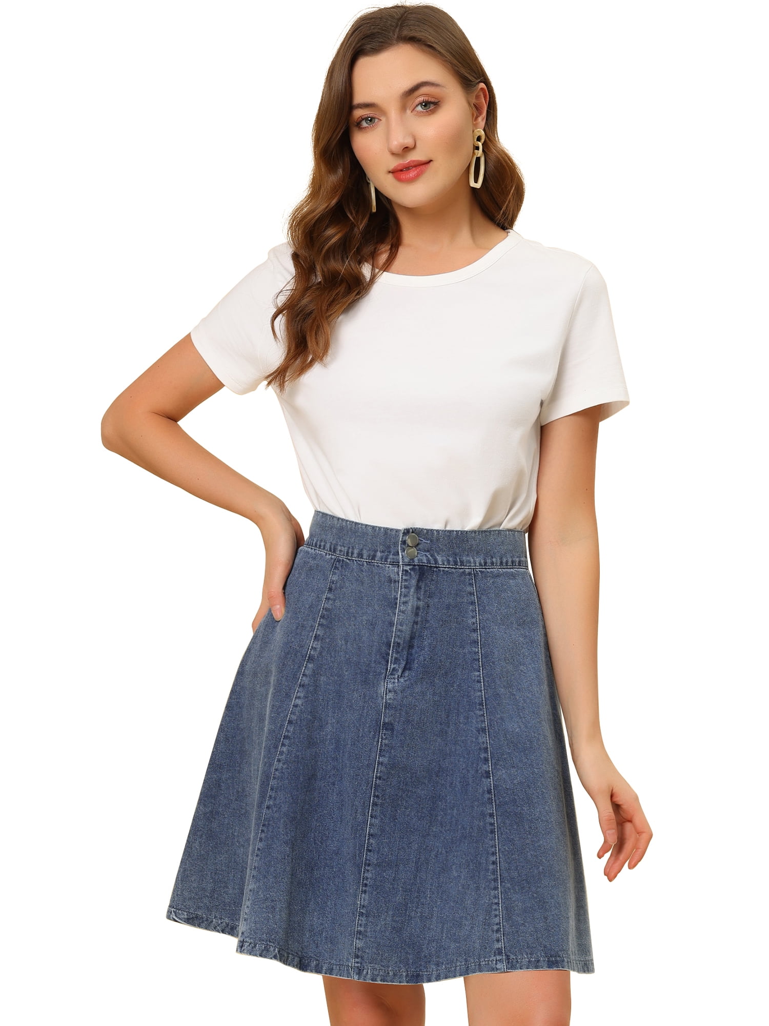 DARING DIVA Women's A-Line Flared Pleated Midi Denim Skirt XS Light Blue