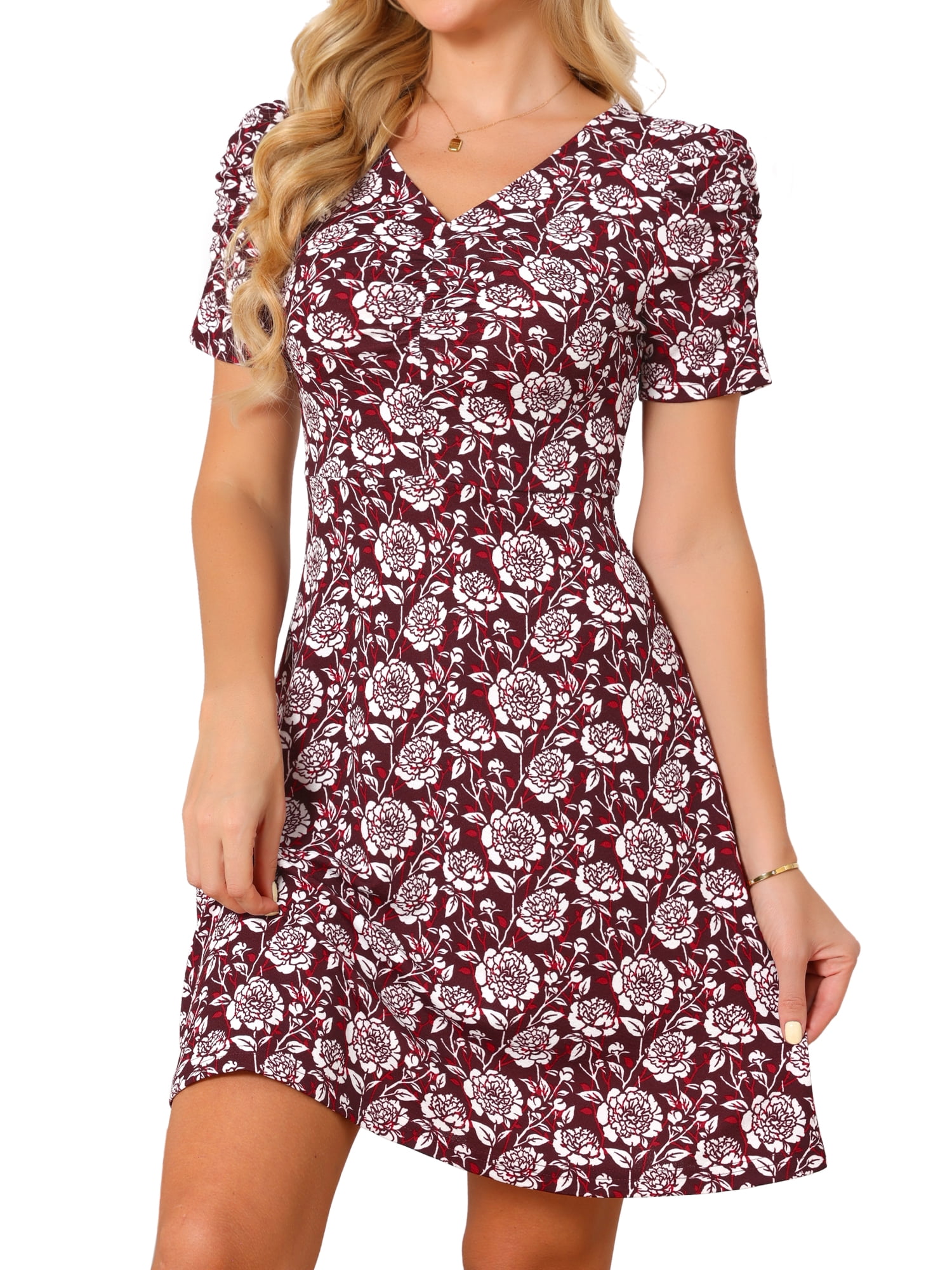 DARING DIVA Women's A Line Floral Mini Dresses with V Neck and Short Sleeves S Red