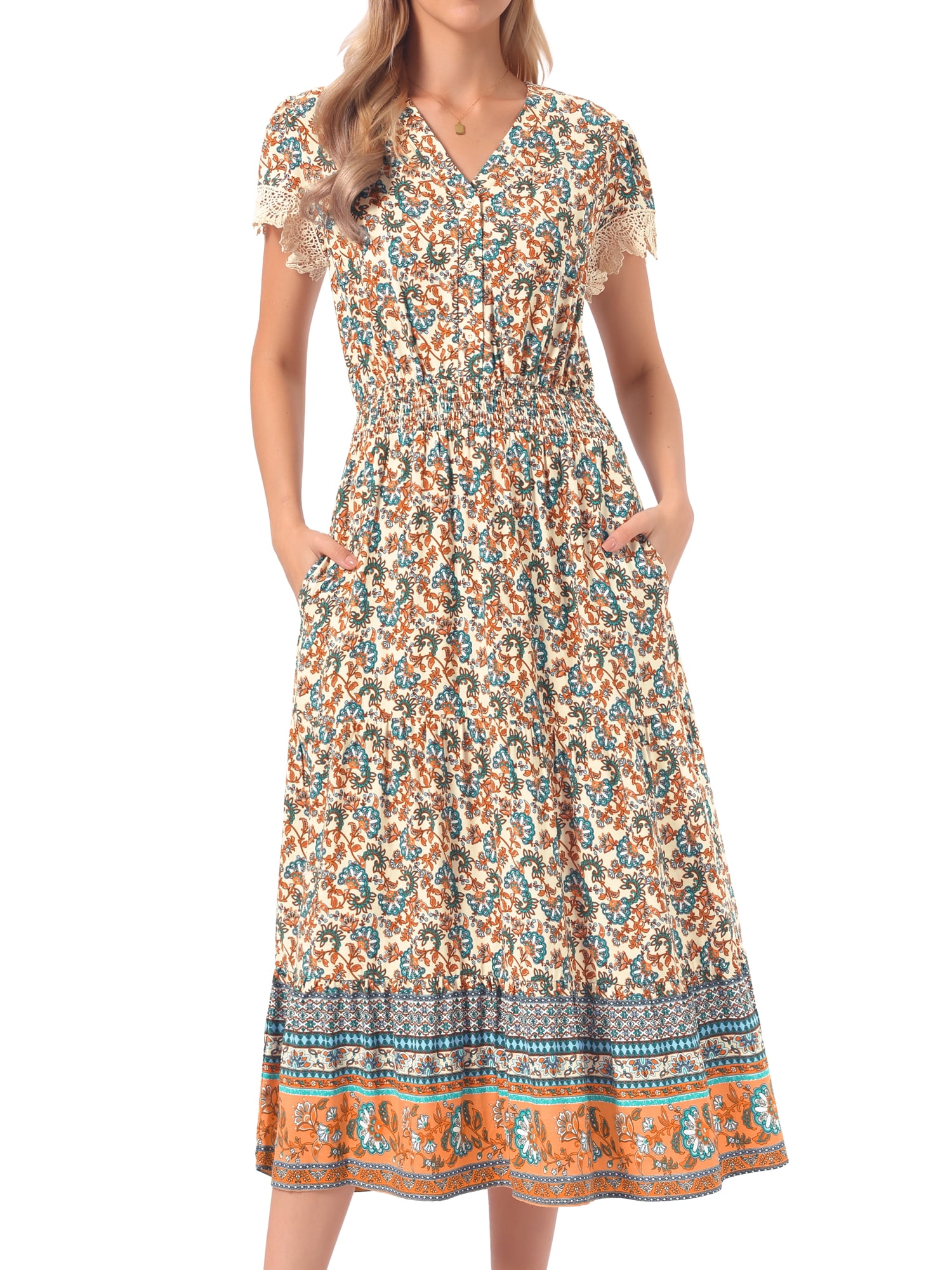 DARING DIVA Women's A-Line Floral Tiered Flowy Cap Sleeve Maxi Boho Dresses S Apricot