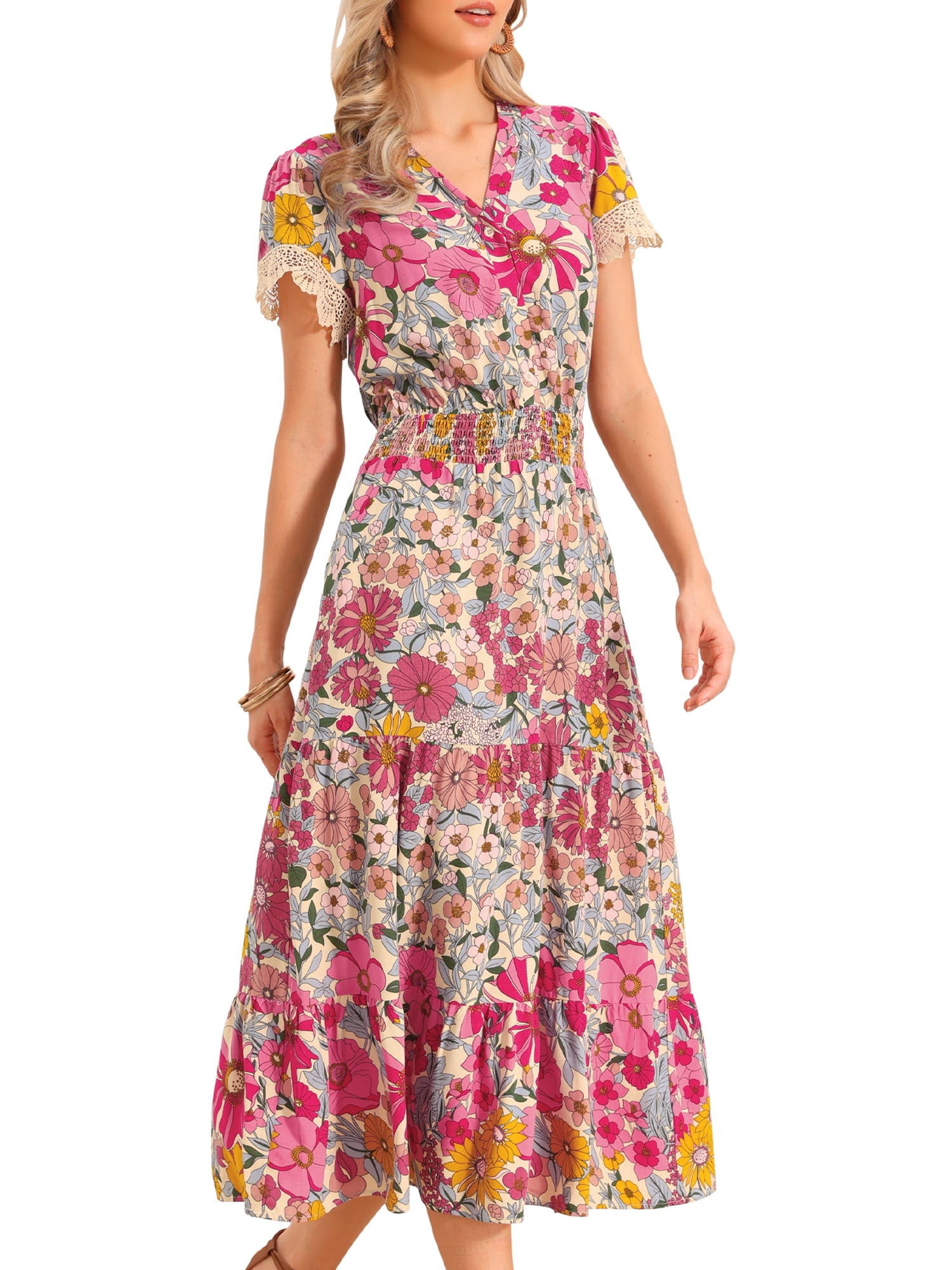 DARING DIVA Women's A-Line Floral Tiered Flowy V Neck Cap Sleeve Maxi Boho Dresses XL Pink