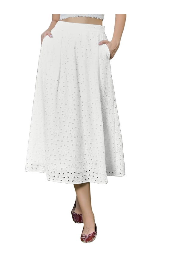 Women's A Line Flowy Eyelet Midi Skirts Medium White