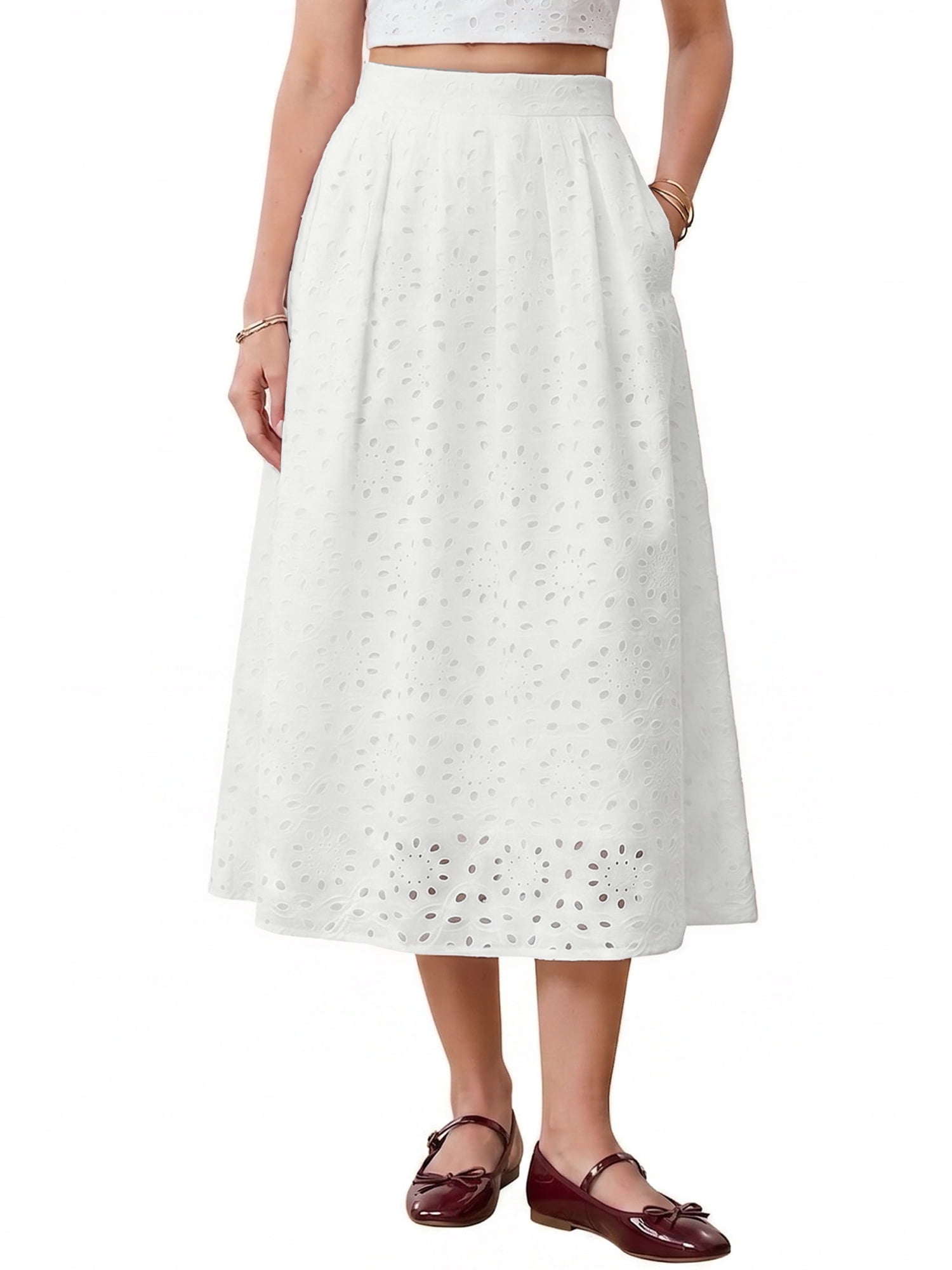 DARING DIVA Women's A Line Flowy Eyelet Midi Skirts Small White