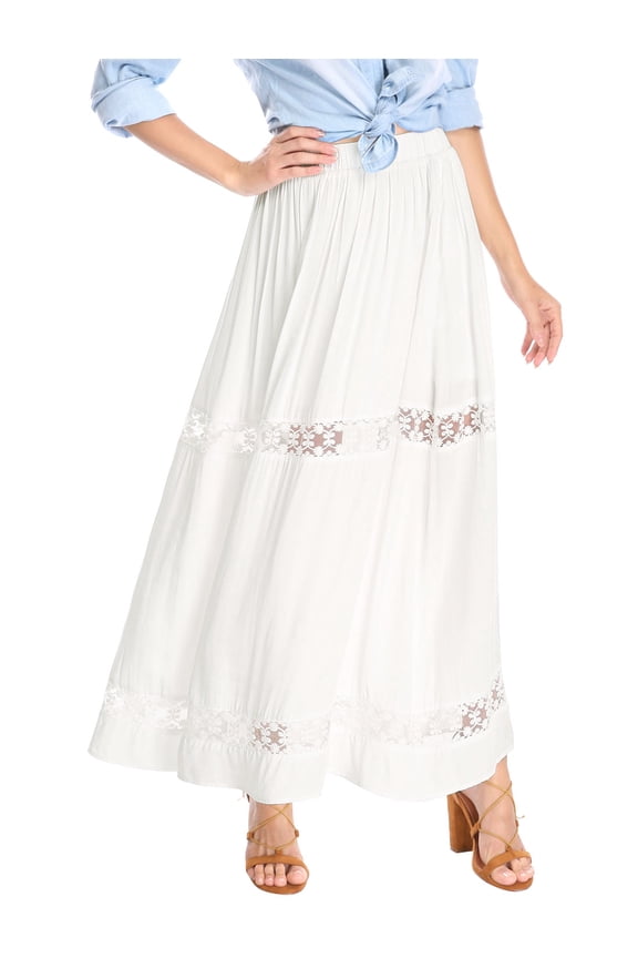 Women's A-Line Lace Insert Maxi Skirt Cream L Cream White