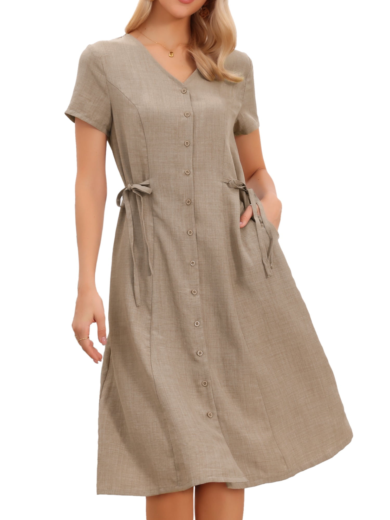 DARING DIVA Women's A-Line Linen Button Down V Neck Short Sleeve Midi Dress L Khaki