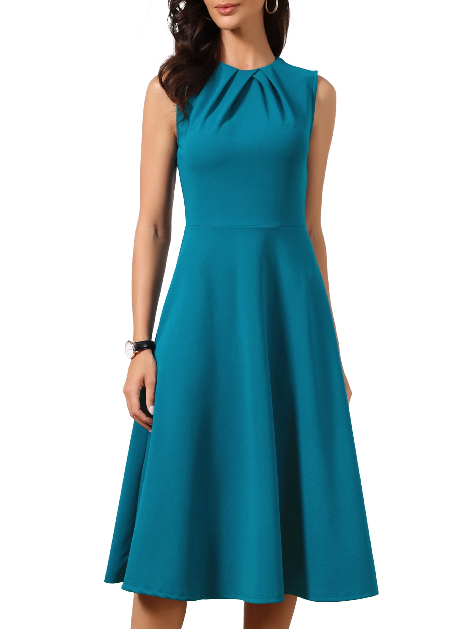 DARING DIVA Women's A Line Midi length Crew Neck Dress with Sleeveless Design XS Blue