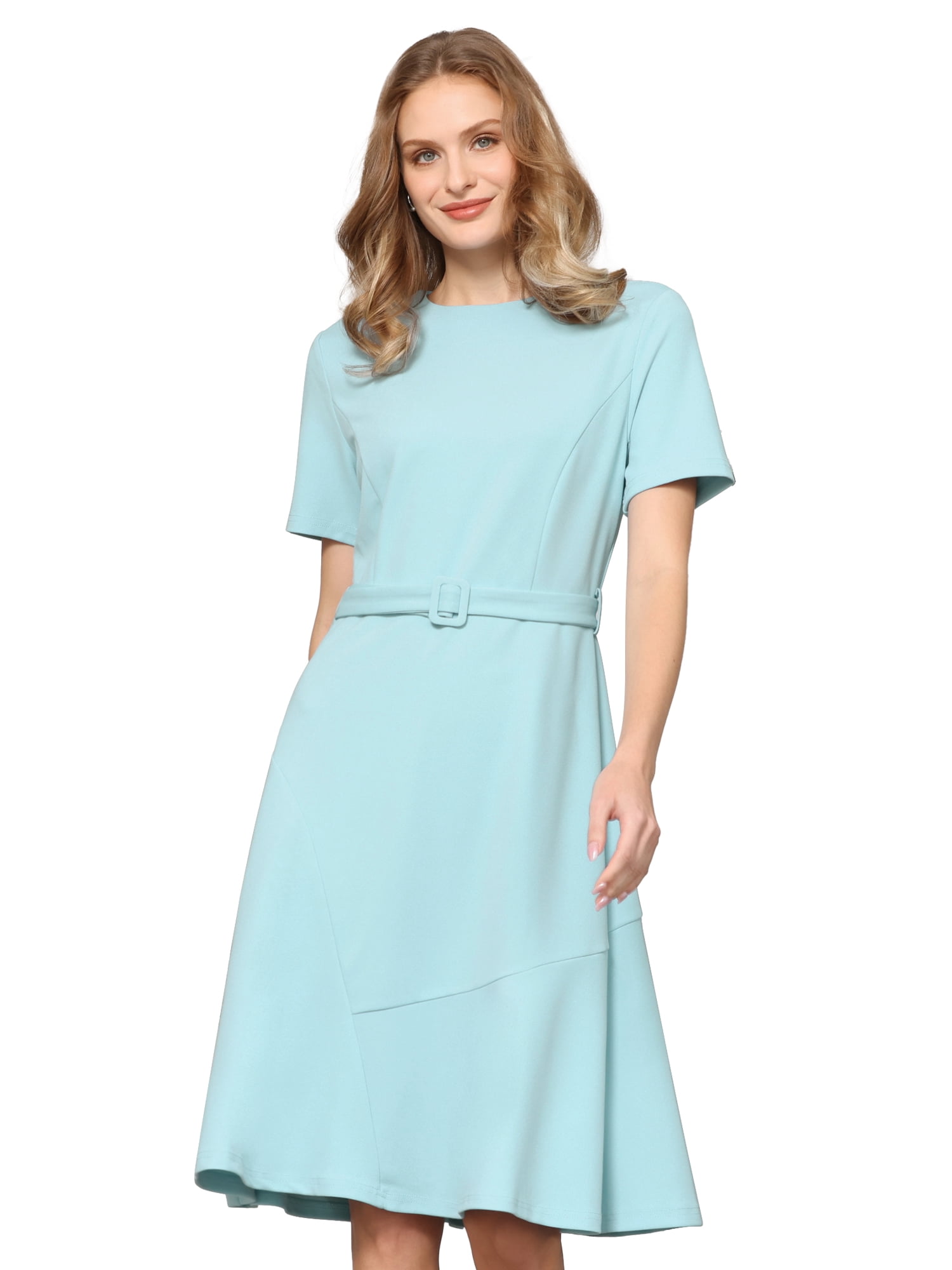 DARING DIVA Women's A Line Short Sleeve Crew Neck Ruffle Flare Work Dress XL Light Blue