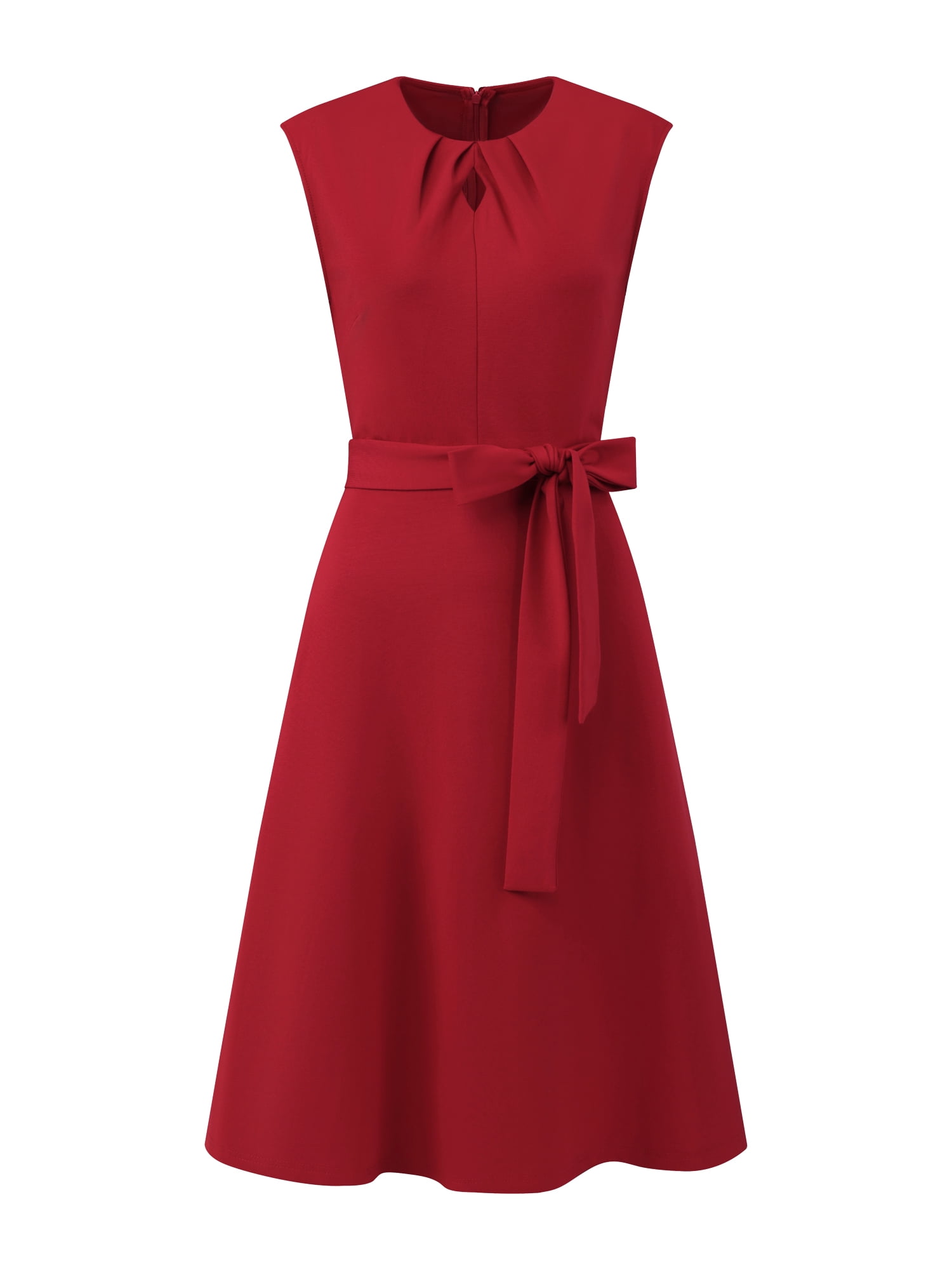 DARING DIVA Women's A-Line Sleeveless Dress Pleated Neck Tie Waist Work Dresses S Red